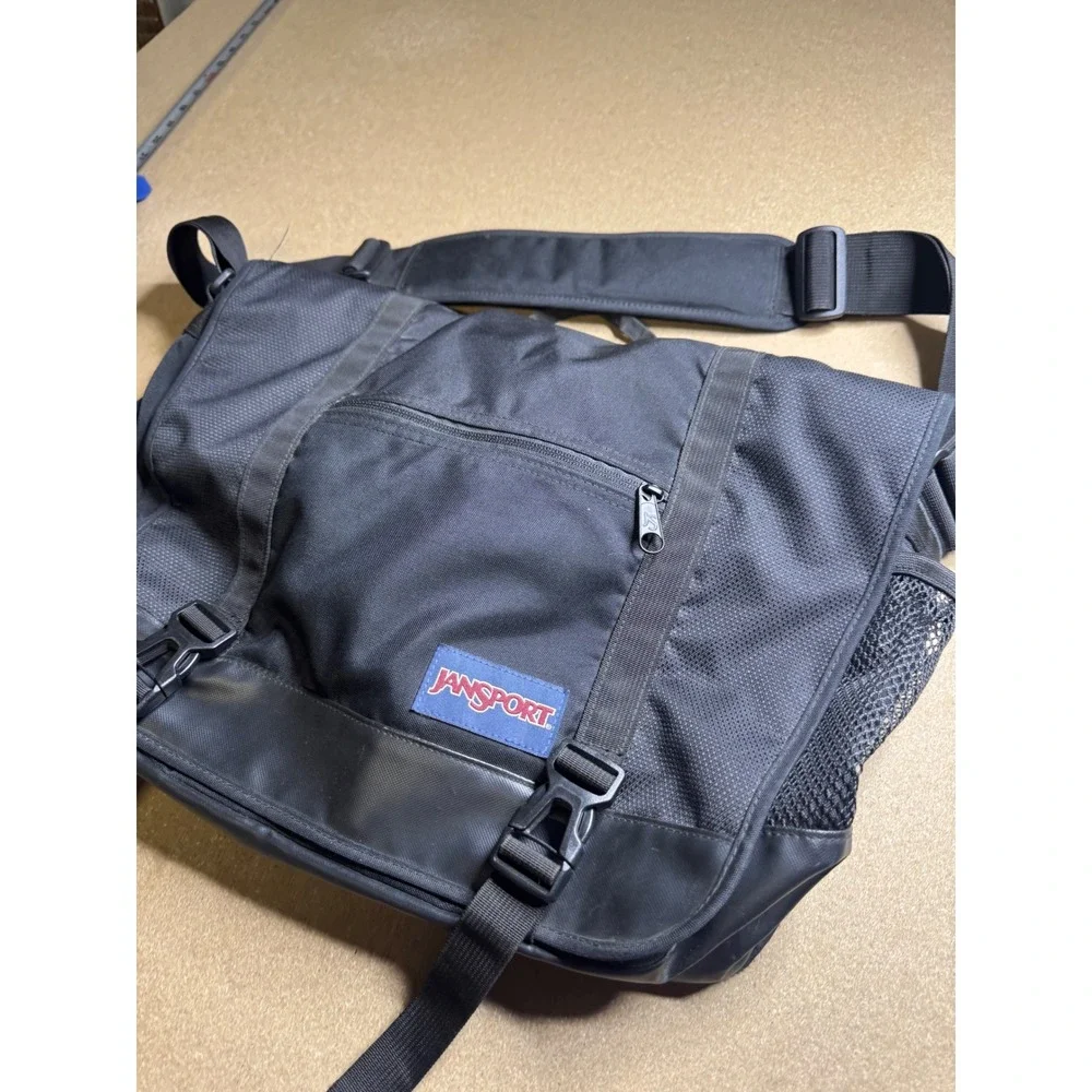 JanSport Messenger Bag Black Canvas Laptop Crossbody Shoulder Satchel Travel Bag